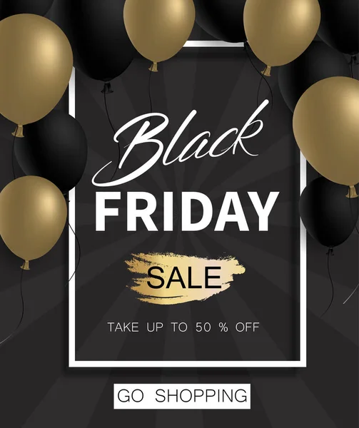 Black friday sale promo poster with frame and colorful balloons. — Stock Vector