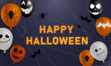 Mutlu Cadılar Bayramı kartı yarasalar, örümcekler ve korkutucu balonlarla 