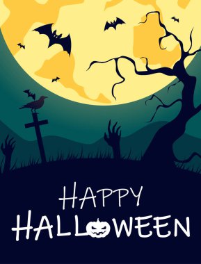 Mutlu Cadılar Bayramı poster dolunay ve gece mezarlığı ile.