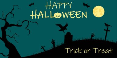 Mutlu Cadılar Bayramı poster dolunay ve gece mezarlığı ile.