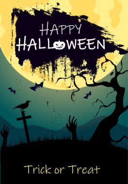 Mutlu Cadılar Bayramı kartı ile ay ve gece Mezarlığı.