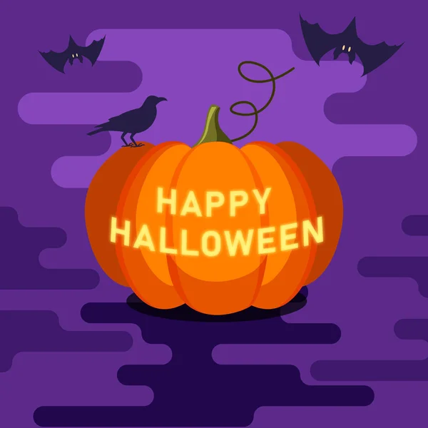 Biglietto di Halloween felice con zucca arancione e pipistrelli . — Vettoriale Stock