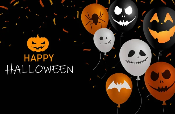 Happy Halloween kort med färg ballonger med skrämmande ansikten och co — Stock vektor