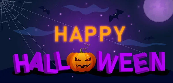 Banner de Halloween feliz roxo com lua cheia, morcegos e abóbora . — Vetor de Stock