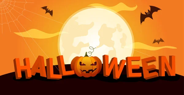 Orange Halloween banner med fullmåne, fladdermöss och pumpa. — Stock vektor