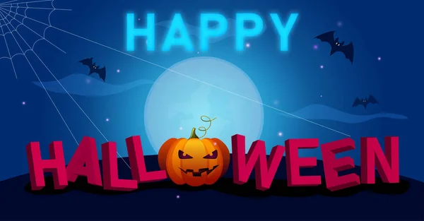 Modrá Happy Halloween plakát s úplňkem, netopýry a dýně. — Stockový vektor