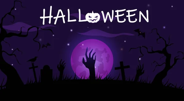Cartaz de Halloween roxo com lua cheia e cemitério noturno . — Vetor de Stock