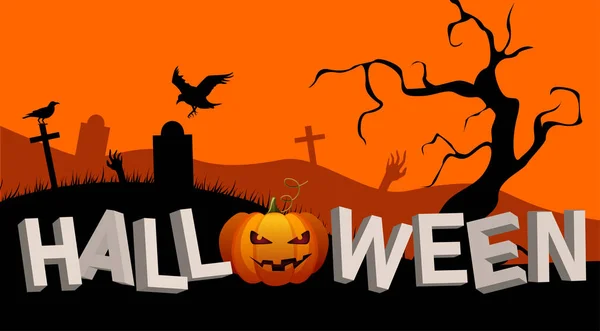 Manifesto di Halloween arancione con cimitero con spiriti maligni e pompa — Vettoriale Stock