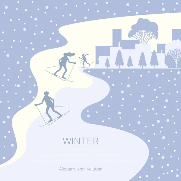 Синий зимний фон с людьми, занимающимися спортом, катающимися на лыжах в городе p — стоковый вектор
