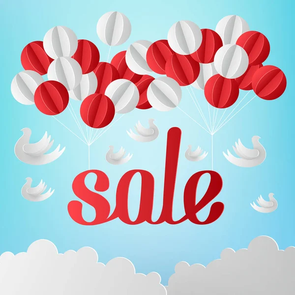 Sale blue promotion poster with paper-cut decorative balloons. — Stock Vector