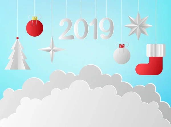 Блакитний Щасливий Новий рік 2019 плакат з паперовим вирізом Різдвяний декоратор — стоковий вектор