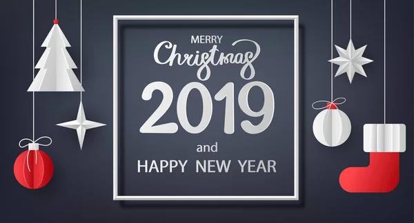 Feliz Navidad y Feliz Año Nuevo 2019 tarjeta con papel de corte Chri — Vector de stock