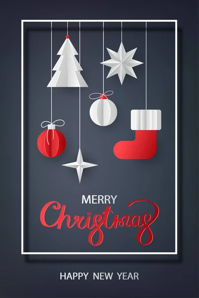 Feliz Navidad y Feliz Año Nuevo tarjeta de felicitación con corte de papel — Vector de stock