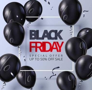 Siyah Cuma satış promosyon posteri parlak balonlar ile. 
