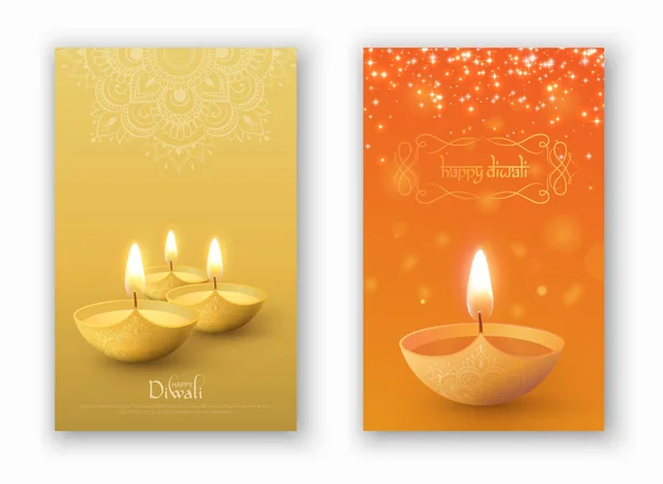 Joyeux Diwali cartes avec lampes à huile et traditionnel mandala patter — Image vectorielle