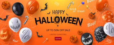 Orange Halloween sale banner or flyer with balloons and pumpkins clipart