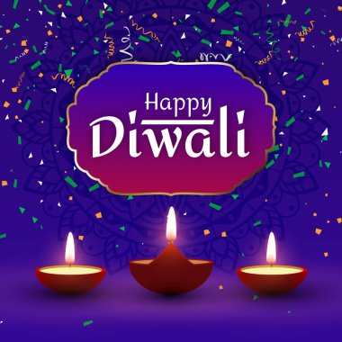 Kandil ve renkli konfeti ile mutlu Diwali kartı.