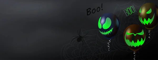 Banner de Halloween com teia de aranha e balões verdes com f assustador — Vetor de Stock