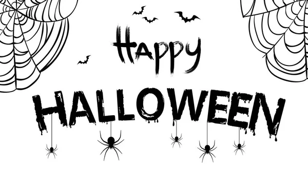 Vit Happy Halloween affisch med fladdermöss, spindelnät och spindlar. — Stock vektor