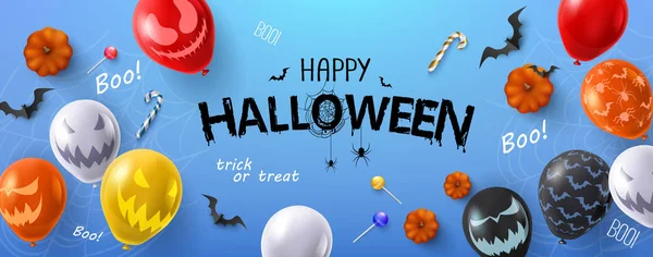 Blu Felice Halloween banner con palloncini colorati con fa paura — Vettoriale Stock