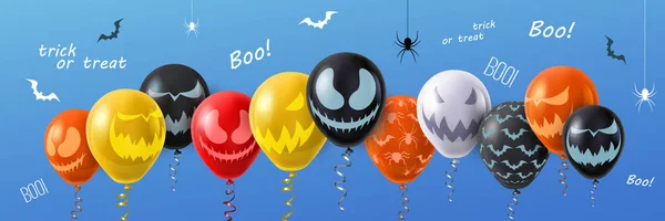 Banner de Halloween azul com balões coloridos, morcegos e aranhas . — Vetor de Stock