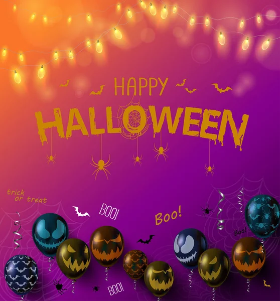 Gradiente sfondo Halloween con palloncini con facce spaventose e — Vettoriale Stock