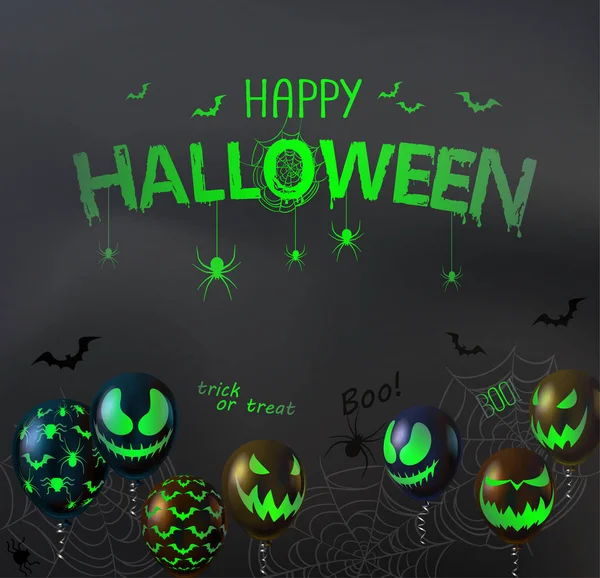 Biglietto di Halloween grigio felice con palloncini verdi con facce spaventose . — Vettoriale Stock