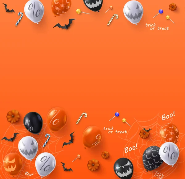 Orange Halloween bakgrund med ballonger, pumpor, fladdermöss och ca — Stock vektor