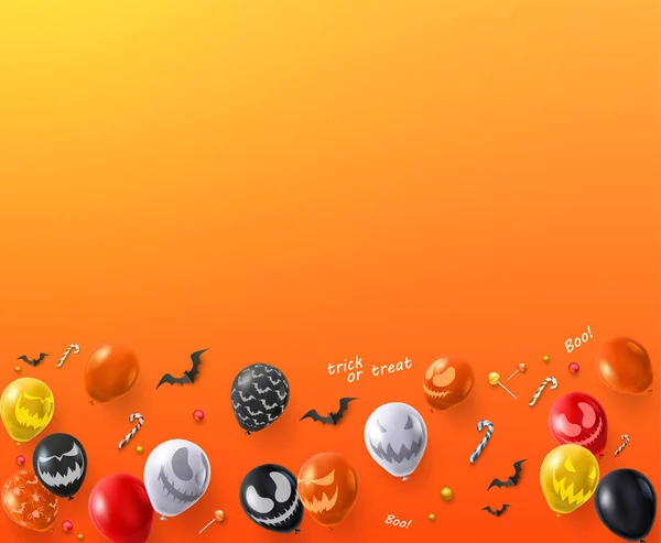 Orange Halloween bakgrund med ballonger, pumpor, fladdermöss och ca — Stock vektor