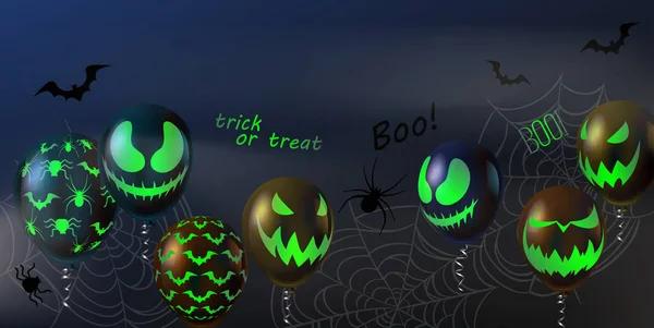 万圣节海报蝙蝠和绿色气球与可怕的面孔. — 图库矢量图片