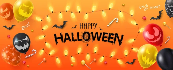 Buon Halloween banner con palloncini con volti spaventosi e luci — Vettoriale Stock