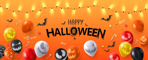 Bandiera Halloween arancione con palloncini con volti spaventosi e luce — Vettoriale Stock