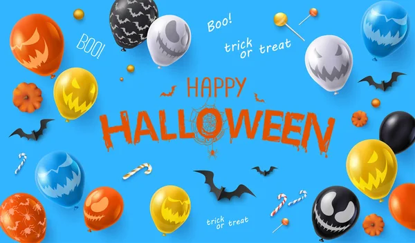 Biglietto di Halloween blu con palloncini colorati con facce spaventose e — Vettoriale Stock