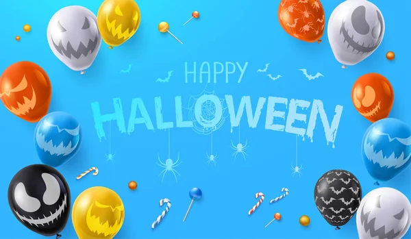 Sfondo Halloween blu con palloncini colorati con viso spaventoso — Vettoriale Stock