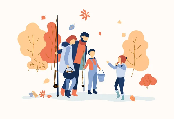 Família feliz passar o tempo de lazer ao ar livre. Ilustração do outono . — Vetor de Stock