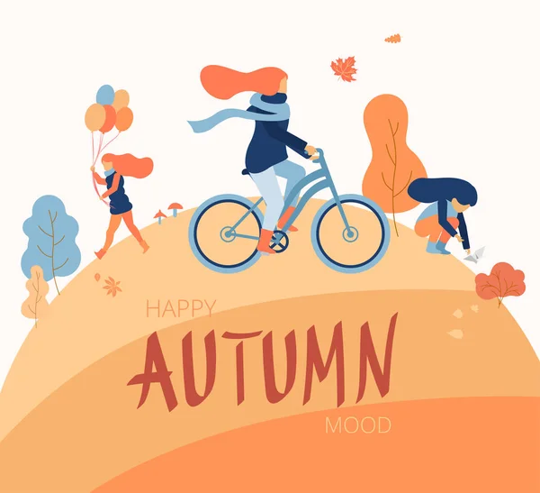 Happy autumn mood. People spend weekend outdoors in park. — Stock Vector