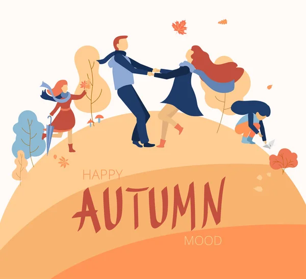 Fröhliche Herbststimmung. Familie verbringt Wochenende im Park. — Stockvektor