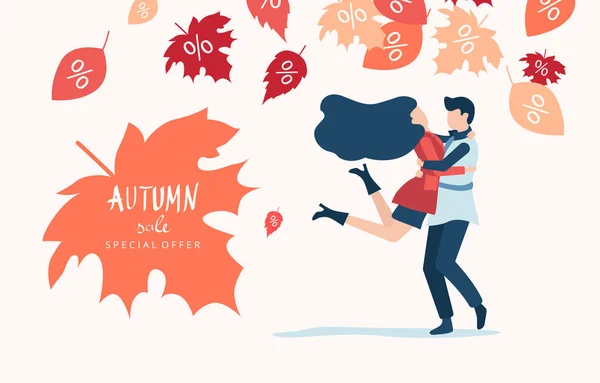 Venta de otoño. Cartel promocional con pareja enamorada y hojas . — Vector de stock