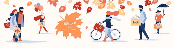 Autumn sale. Promotion banner with people doing shopping and lea — Stock Vector