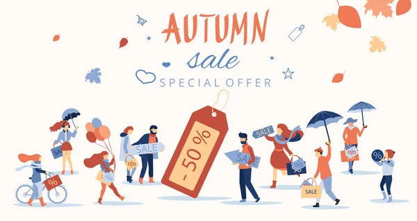 Vente d'automne. Affiche de promotion avec des gens faisant du shopping . — Image vectorielle