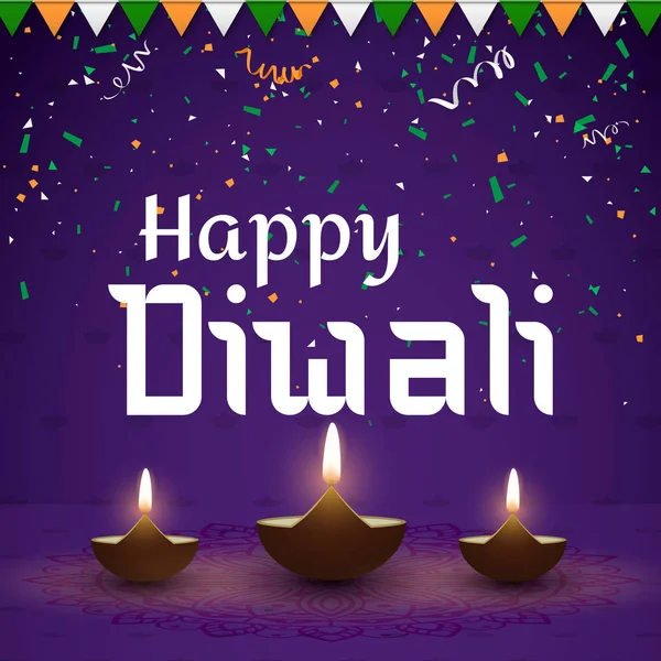 Carte Diwali heureuse avec lampes à huile et confettis colorés . — Image vectorielle