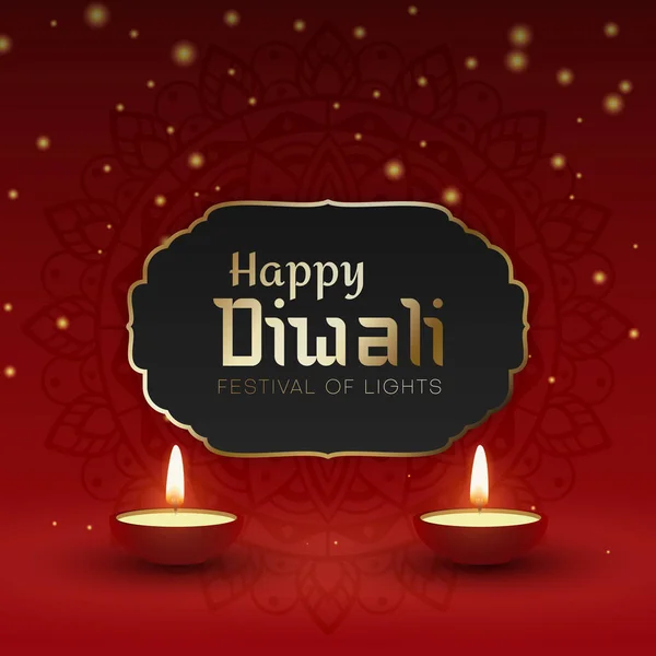 Röd shiny Happy Diwali gratulationskort med oljelampor. — Stock vektor