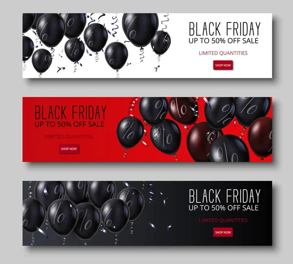 Set of Black friday sale promo banners with balloons. Vector Graphics