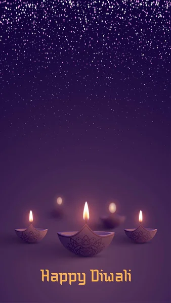 Lila shiny Happy Diwali bakgrund med oljelampor. — Stock vektor