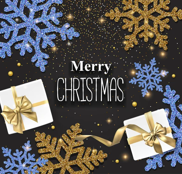 Boldog karácsonyi fényes kártya szép hópelyhek és ajándékok. — Stock Vector