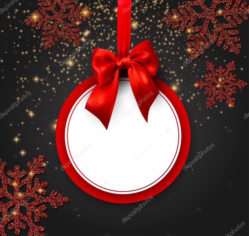 Round Christmas and New Year festive card with bow and snowflake