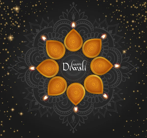 Black shiny Happy Diwali card with oil lamps and mandala. — Stock Vector