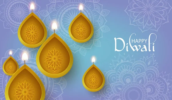 Poster Diwali felice con lampade ad olio e mandala patte tradizionale — Vettoriale Stock