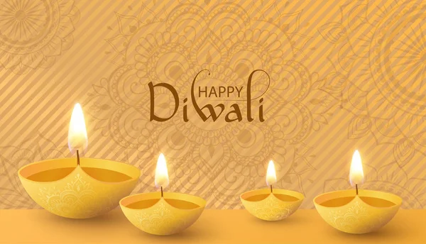 Yellow Happy Diwali background with oil lamps. — Stock Vector