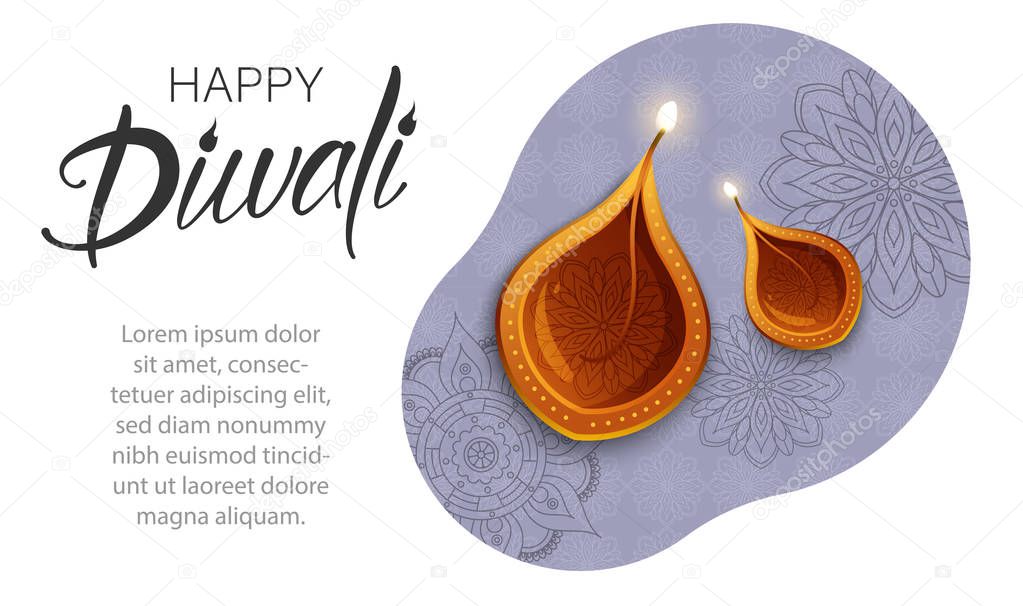 Happy Diwali poster template with oil lamps. Festival of lights.